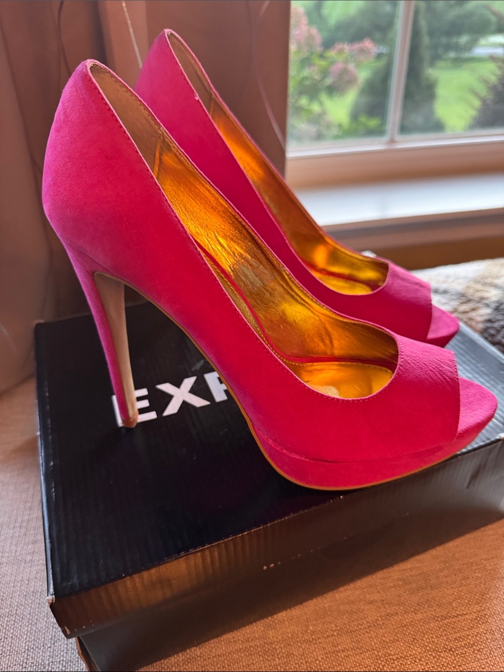 Express Hot Pink Suede-Like Peep-Toe Stiletto Heels with Gold Interior